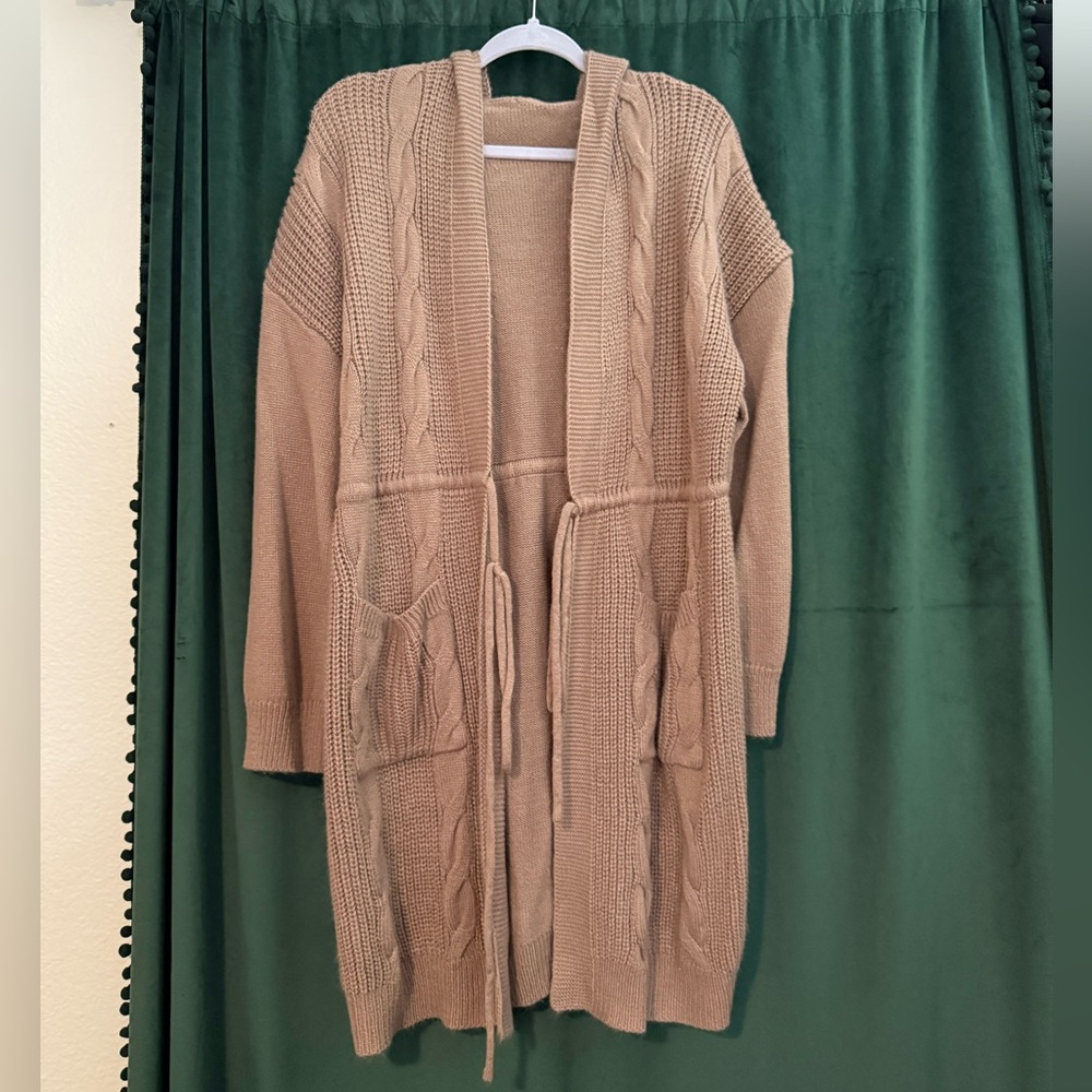 SHEIN Curve Hooded Tan Cable Knit Open Front Cardigan with Pockets Sz 1X